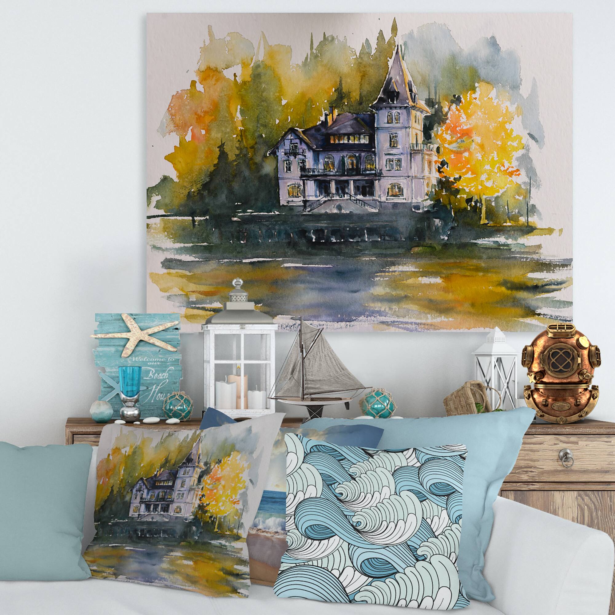 Designart - Castle By The Lake With Autumn Trees